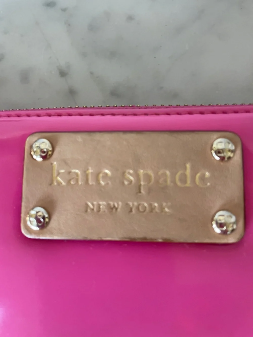 KATE SPADE Spencer Hot Pink Patent Zip-Around Wallet Newspaper Print Lining
